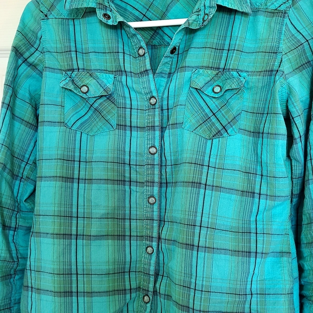 Mossimo Supply Co. Aqua/Green Plaid Cotten Button-Up Shirt Size Small Womens - Picture 4 of 7